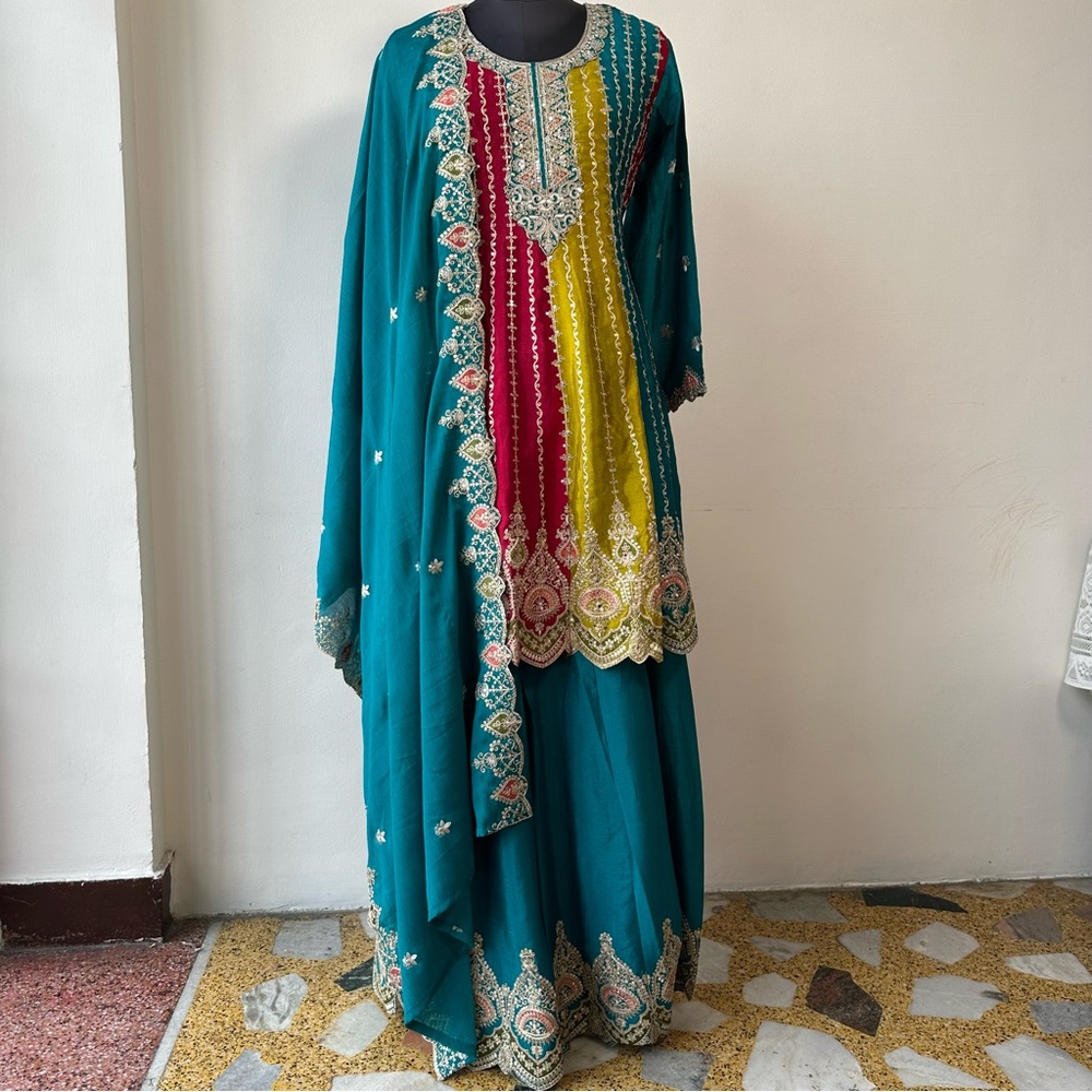 Teal Anarkali Palazzo Set w/ Dupatta | Embroidered Zari Ethnic - Picture 7 of 16